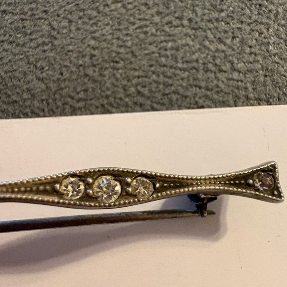 Vintage Art Deco Diamond Bar Rhinestone Sterling Silver Brooch Lapel Pin - Picture 7 of 8
